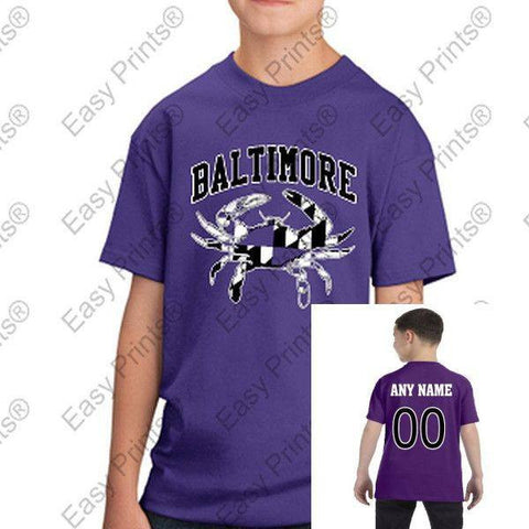 Custom Baltimore Maryland Flag Crab Black and White Kids Tshirt Purple
