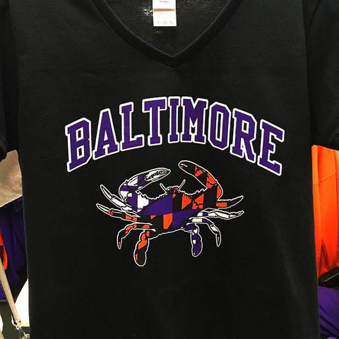 Baltimore Maryland Flag Crab Ravens Orioles Colors Ladies V T-Shirt