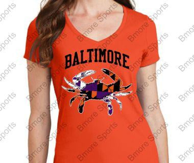 Baltimore Crab Ravens Orioles Orange Ladies V Tshirt