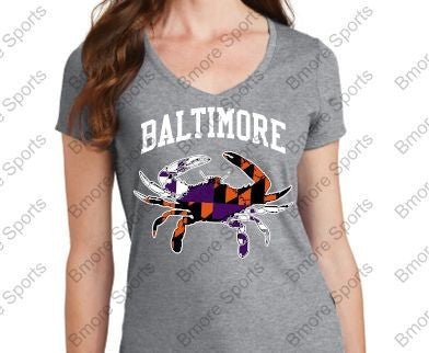 Baltimore Crab Ravens Orioles Gray Ladies V Tshirt