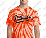 Baltimore Script Tie Dye Ravens Purple or Orioles Orange Tshirt