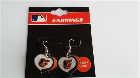Baltimore Orioles MLB Silver Glitter Heart Dangle Earrings